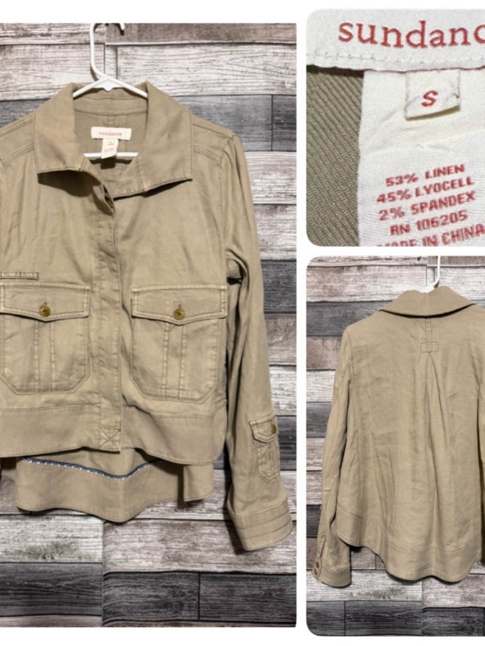 Sundance Linen Blend Utility Jacket Women’s S Tan Beige Button Front